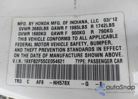 2012 Honda Civic Lx из США, поврежденный, VIN 19XFB2F55CE054621